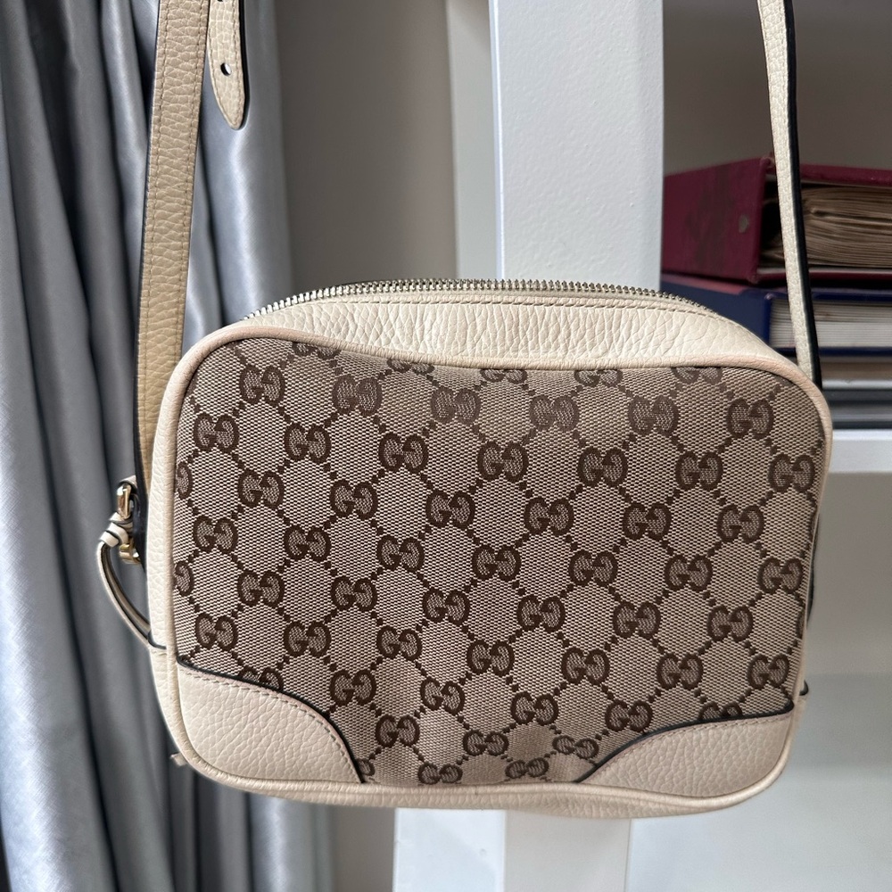GUCCI Monogram Dollar Calfskin Bree Messenger Bag Beige Ebony Avoire